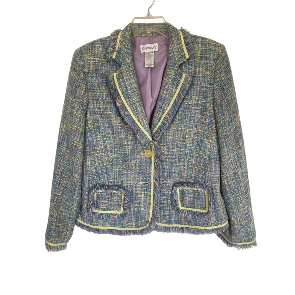 Chadwicks Pastel Multicolor Tweed Boucle‎ Fringe Blazer S 12 Lady Jacket Office